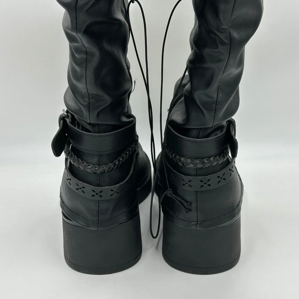 NIB Pop Freeway Black Faux Leather Tall Riding Biker Moto Boots Western Womens 6